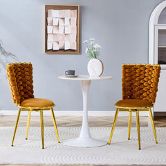 Set of 2 modern luxury velvet woven decorative dining chairs, equipped with gold metal legs and cushioned dining chairs with woven rope backrests, suitable for dining rooms, living rooms -Orange