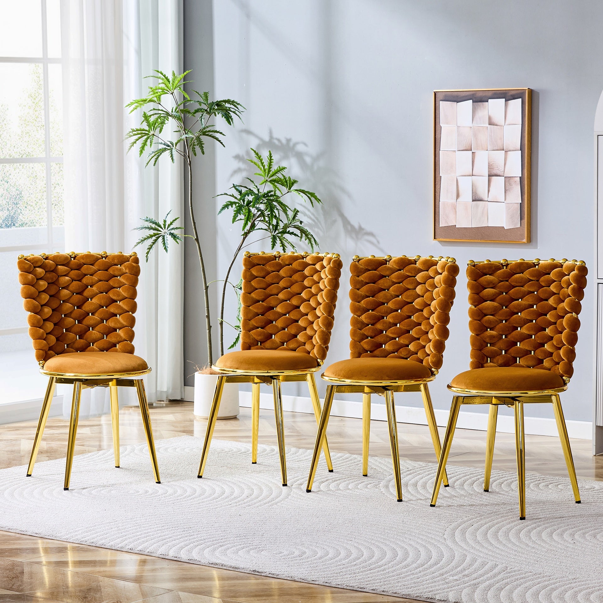 Set of 2 modern luxury velvet woven decorative dining chairs, equipped with gold metal legs and cushioned dining chairs with woven rope backrests, suitable for dining rooms, living rooms -Orange