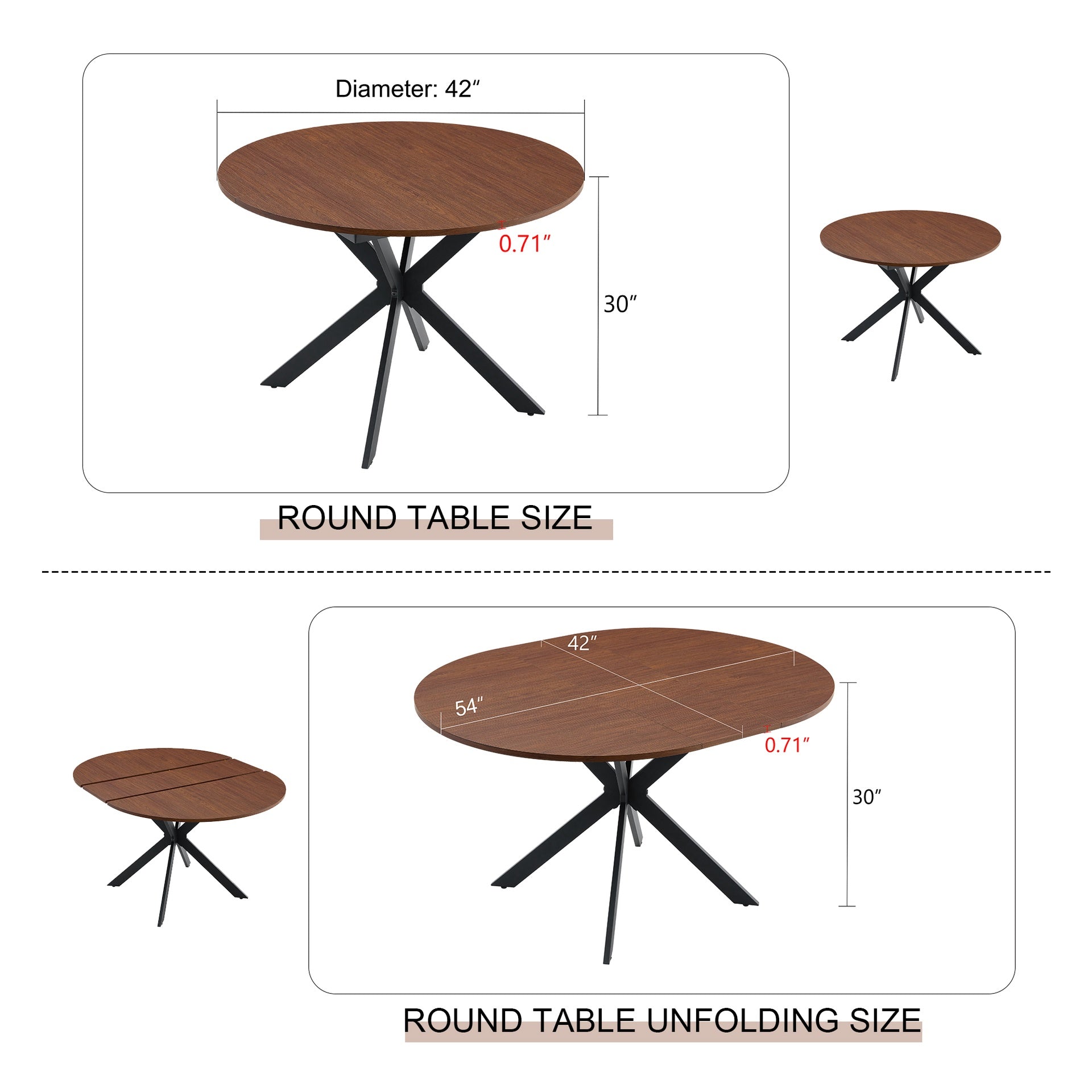 Extendable Round Dining Table (43" to 54") - Space-Saving Dining Table with Sturdy Metal Legs,for Small Apartment/Living Room, 4-6 Seater Multi-Functional Kitchen Room Dinner Table