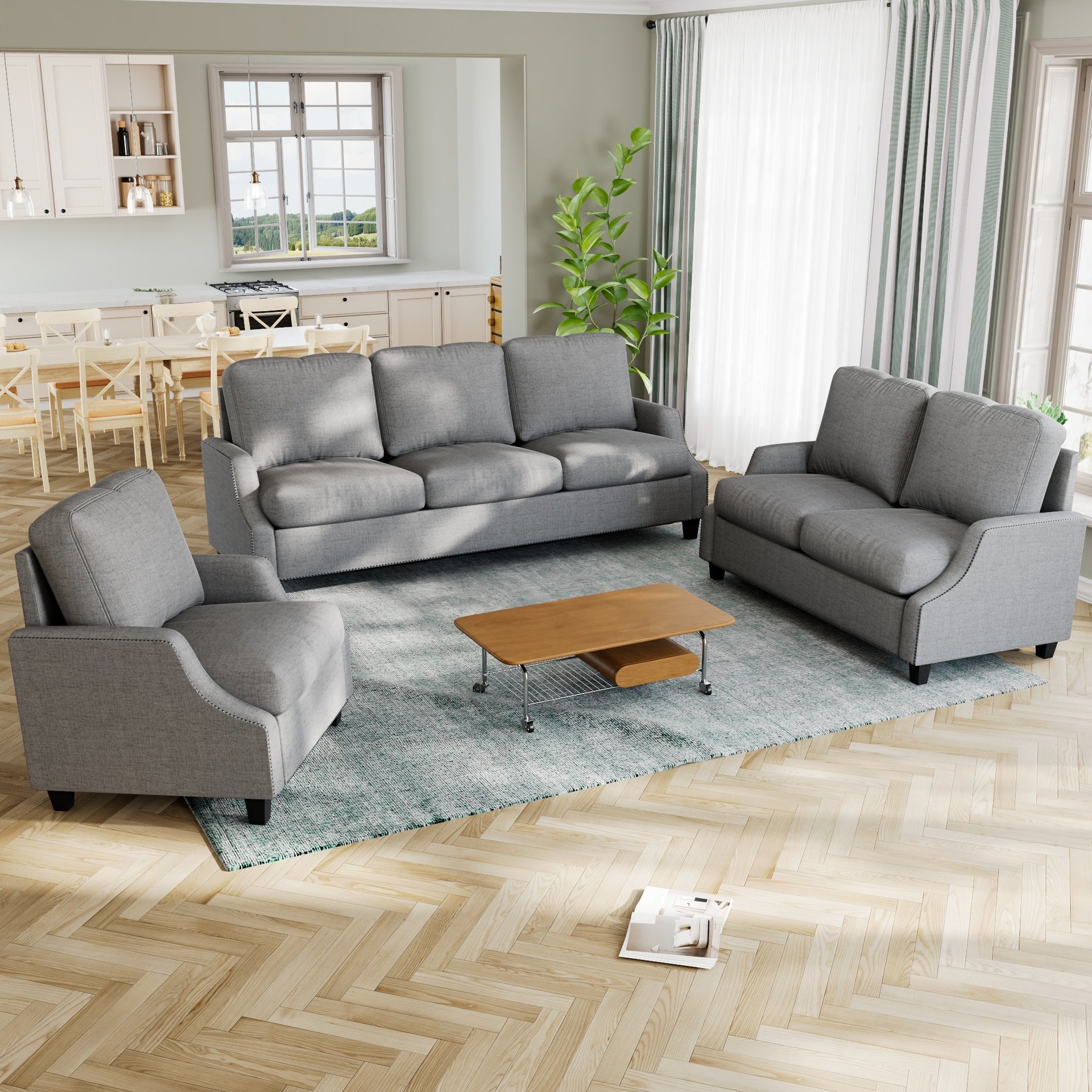 3 Piece Living Room Sofa Sets, Sectional Couch and Loveseat and Armchair Set, Modern 3 Seater Sofa + 2 Seater Couch+ Accent Chair Furniture Set for Apartment