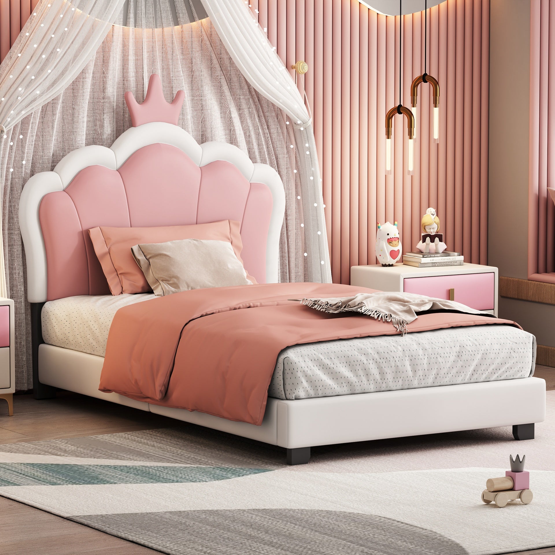 Twin size Upholstered Princess Bed With Crown Headboard,Twin Size Platform Bed with Headboard and Footboard, Cream+Pink(Old SKU:WF303336AAK)