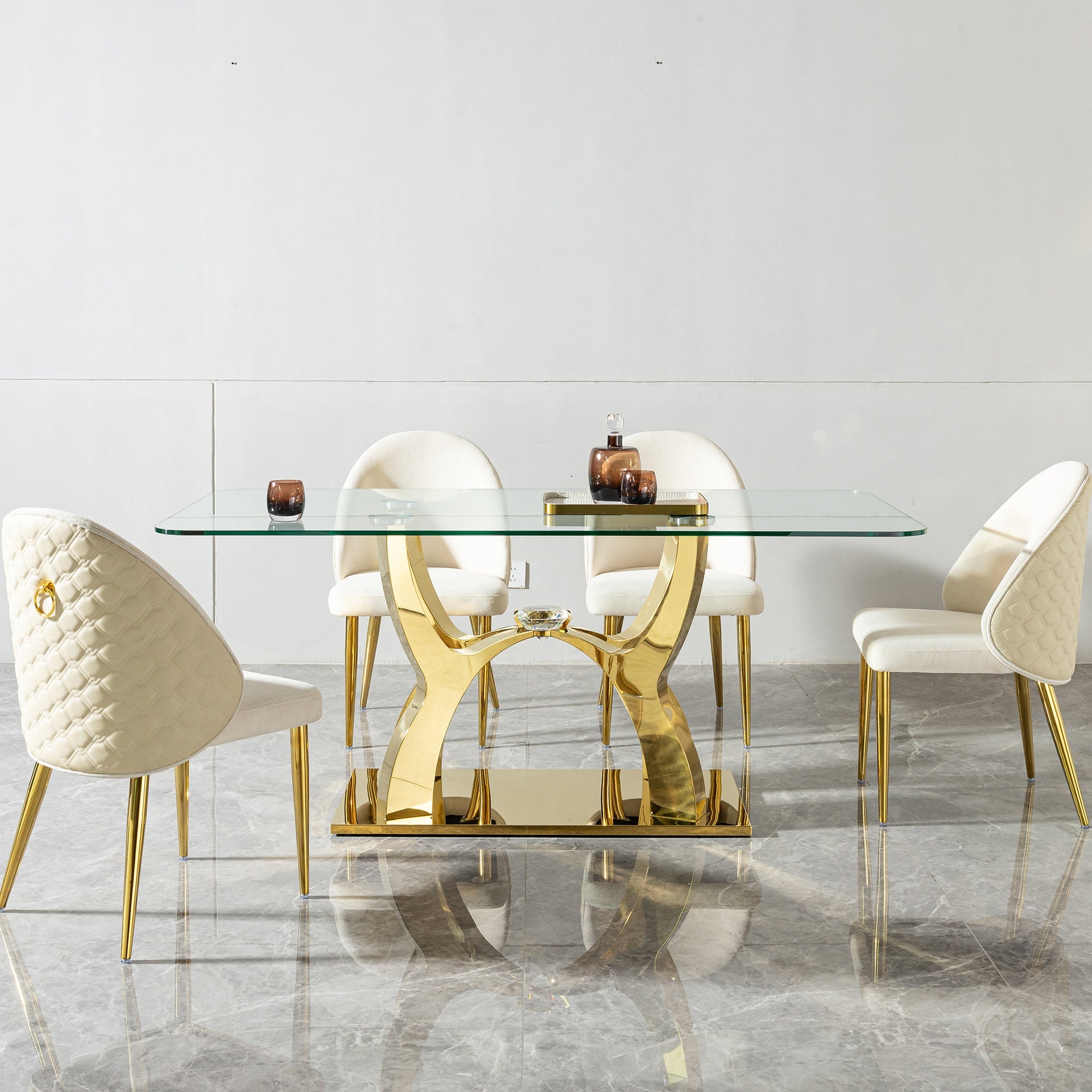 Luxury Glass Dining Table for 6 seat 68.9" Clear Glass Top with Gold Modern Curved Base, Contemporary Dining Room Table with Crystal Accent