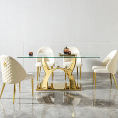 Luxury Glass Dining Table for 6 seat 68.9" Clear Glass Top with Gold Modern Curved Base, Contemporary Dining Room Table with Crystal Accent