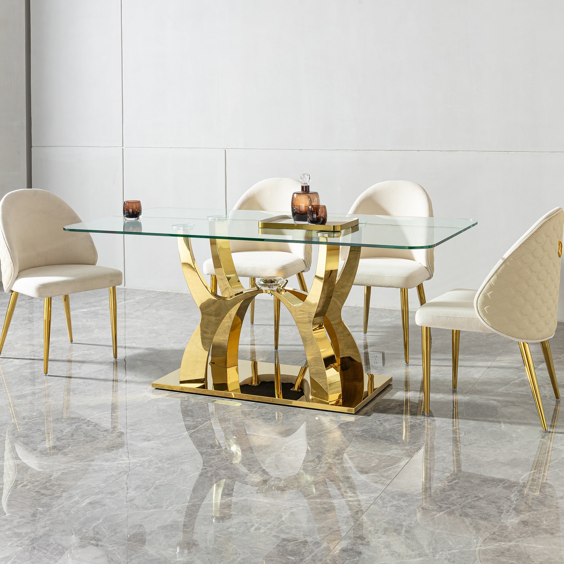 Luxury Glass Dining Table for 6 seat 68.9" Clear Glass Top with Gold Modern Curved Base, Contemporary Dining Room Table with Crystal Accent
