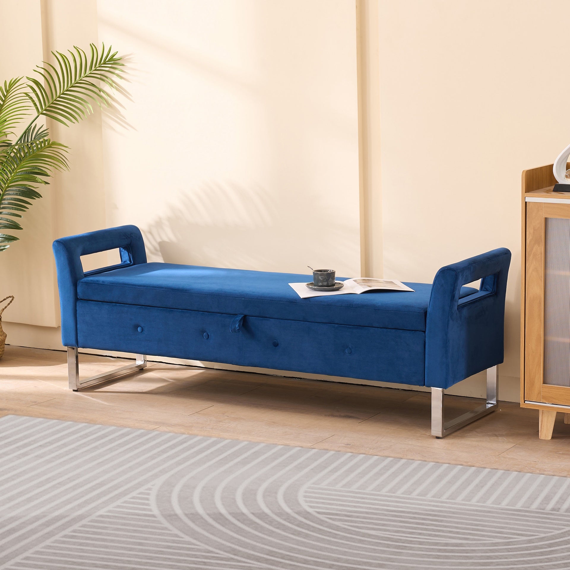 67.91"Wide Velvet Storage Soft Bench with Armrests  for Living Room, Entryway and Bedroom.  Navy