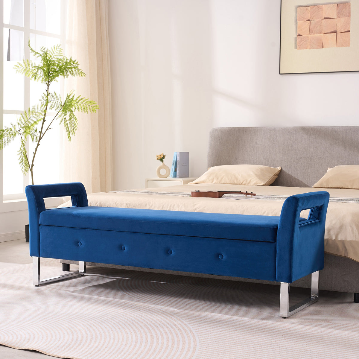 67.91"Wide Velvet Storage Soft Bench with Armrests  for Living Room, Entryway and Bedroom.  Navy