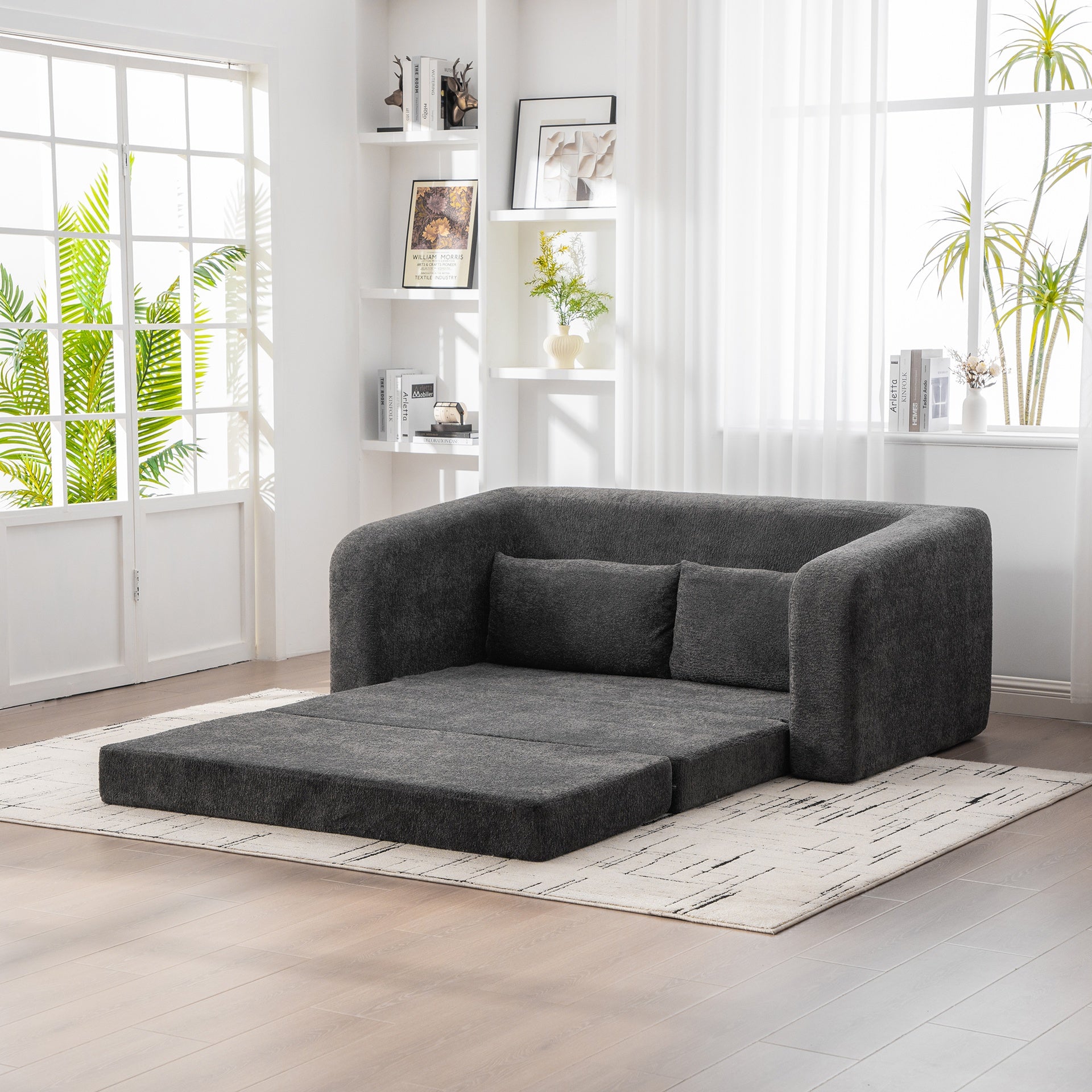 71" 2-in-1 Pull Out Foldable Loveseat Sofa Bed with Armrest & Backrest Pillows, Convertible Chenille Boneless Cloud Floor Mattress Sleeper Lounge Couch for Living Room Bedroom Guestroom Dorm, Gray