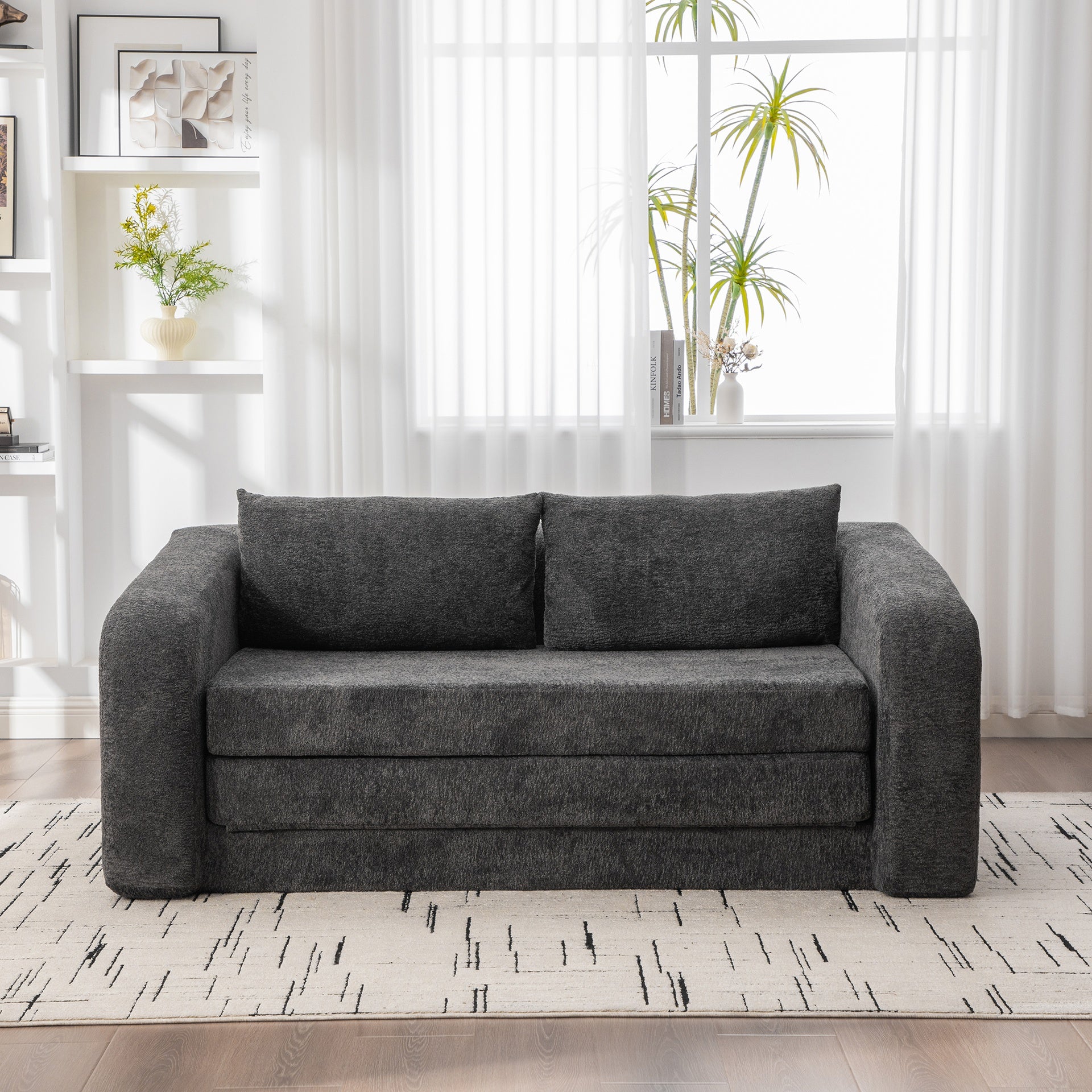 71" 2-in-1 Pull Out Foldable Loveseat Sofa Bed with Armrest & Backrest Pillows, Convertible Chenille Boneless Cloud Floor Mattress Sleeper Lounge Couch for Living Room Bedroom Guestroom Dorm, Gray