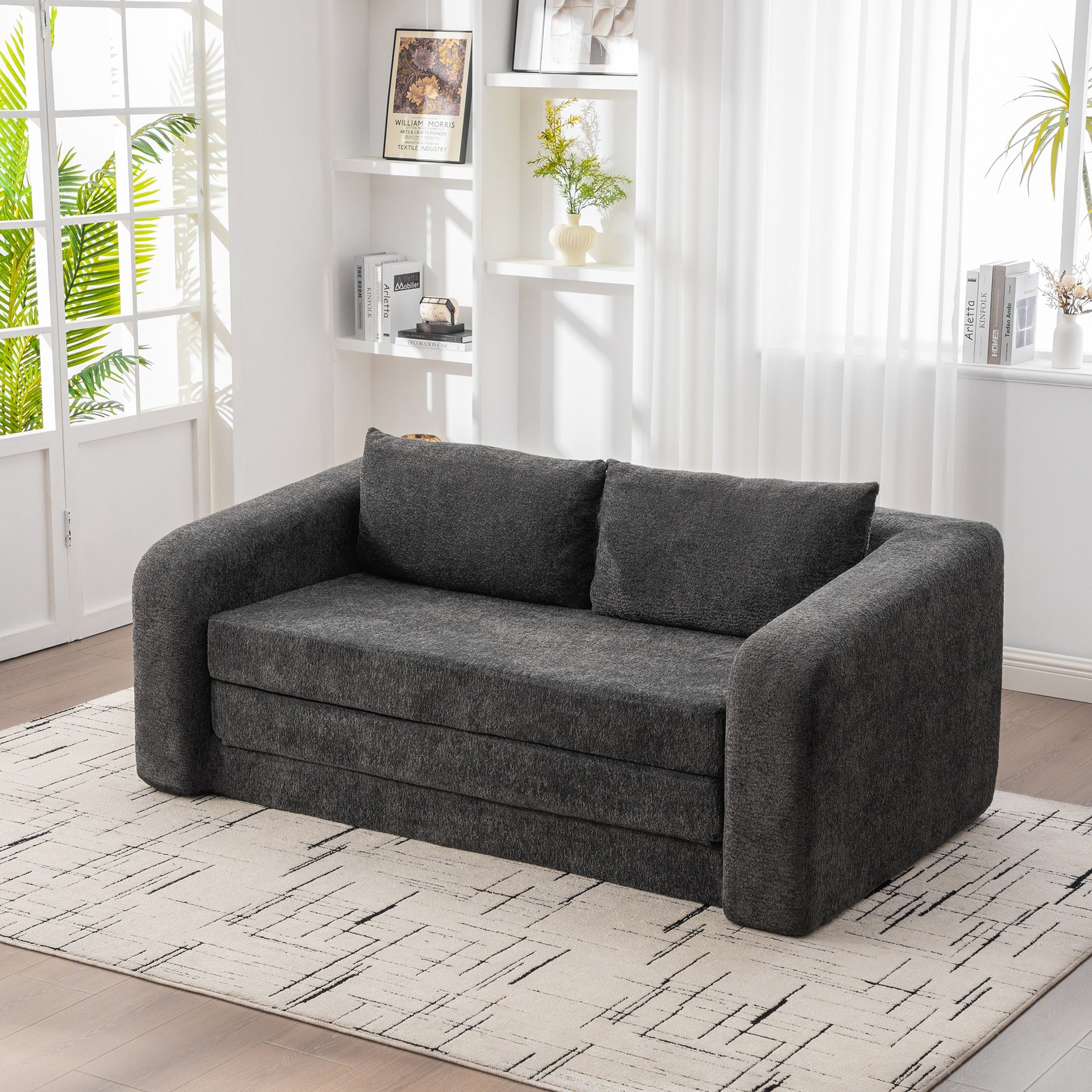 71" 2-in-1 Pull Out Foldable Loveseat Sofa Bed with Armrest & Backrest Pillows, Convertible Chenille Boneless Cloud Floor Mattress Sleeper Lounge Couch for Living Room Bedroom Guestroom Dorm, Gray