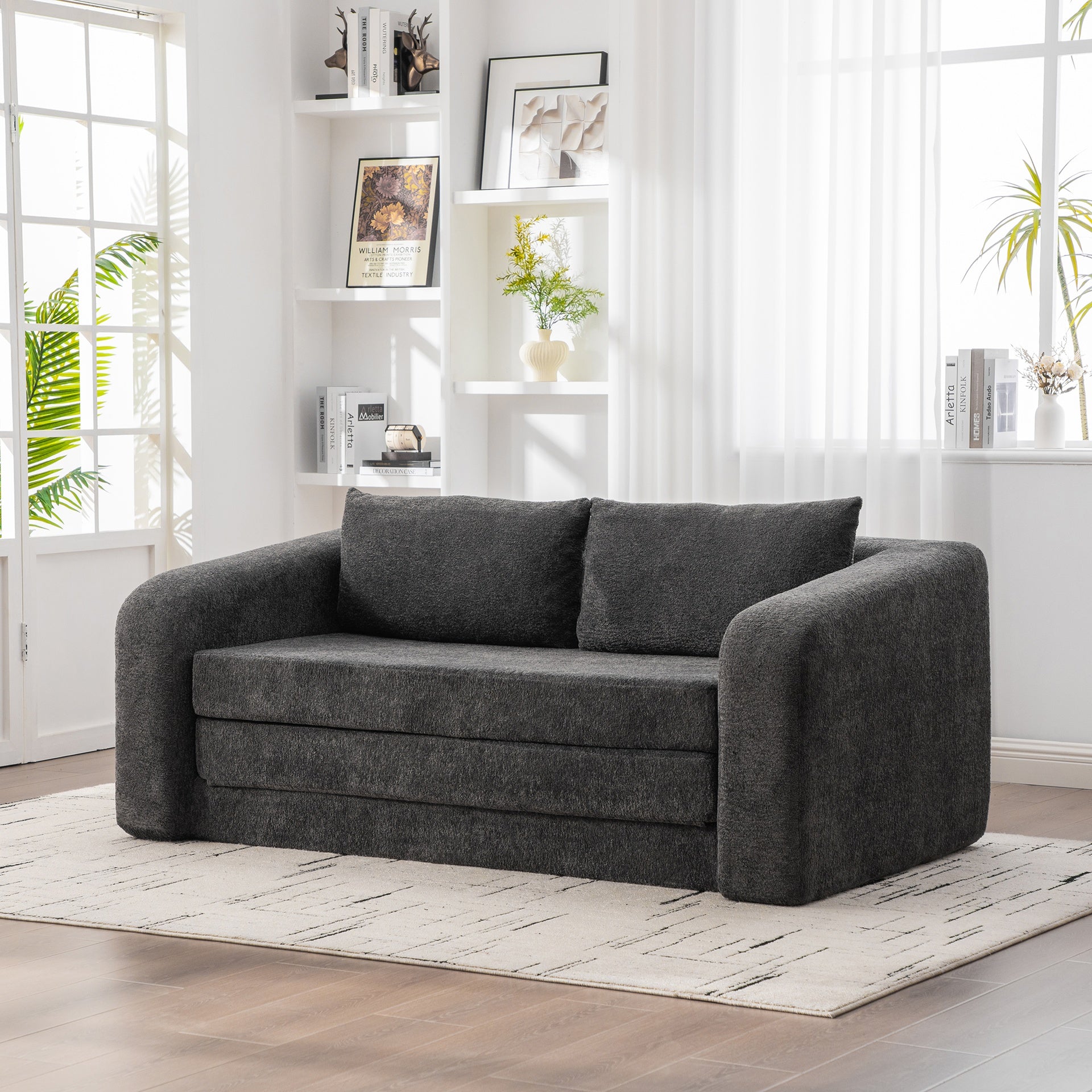 71" 2-in-1 Pull Out Foldable Loveseat Sofa Bed with Armrest & Backrest Pillows, Convertible Chenille Boneless Cloud Floor Mattress Sleeper Lounge Couch for Living Room Bedroom Guestroom Dorm, Gray