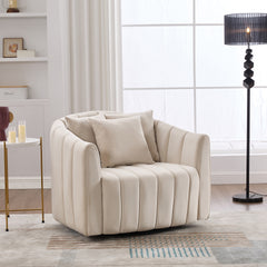 40.1"W Upholstered Oversized 360° Swivel Accent Barrel Chair and Half Cozy Sofa with 3 Pillows, Velvet Channel Tufted Pumpkin-Shape Club Armchair for Living Room, Bedroom, Office, Lounge,BEIGE