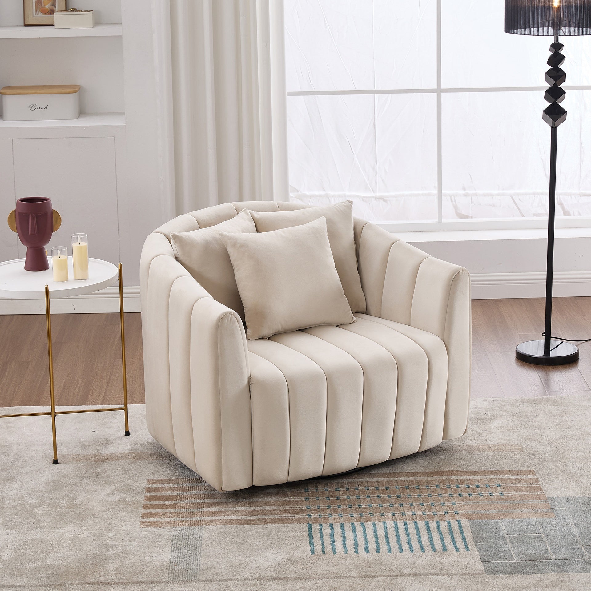 40.1"W Upholstered Oversized 360° Swivel Accent Barrel Chair and Half Cozy Sofa with 3 Pillows, Velvet Channel Tufted Pumpkin-Shape Club Armchair for Living Room, Bedroom, Office, Lounge,BEIGE