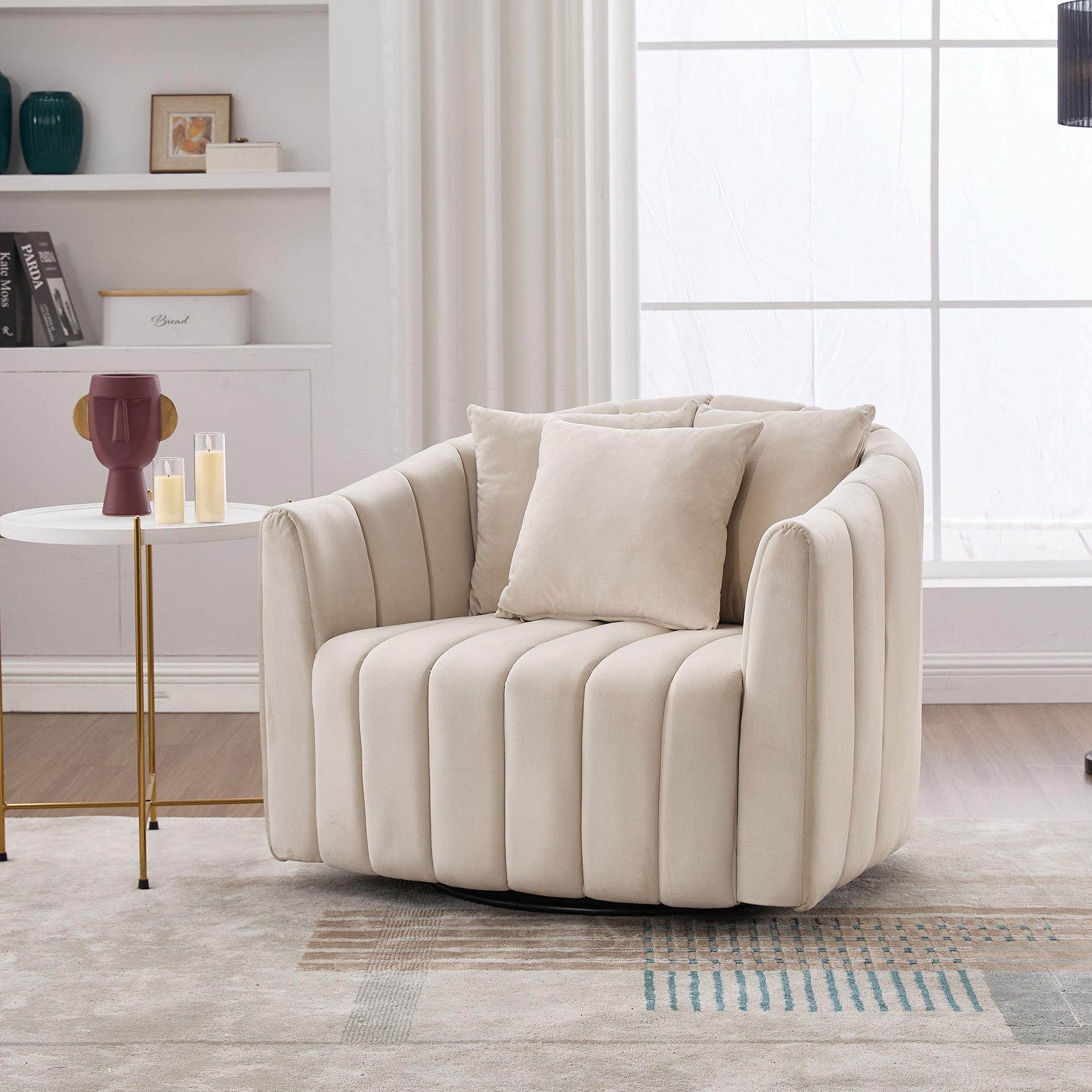 40.1"W Upholstered Oversized 360° Swivel Accent Barrel Chair and Half Cozy Sofa with 3 Pillows, Velvet Channel Tufted Pumpkin-Shape Club Armchair for Living Room, Bedroom, Office, Lounge,BEIGE