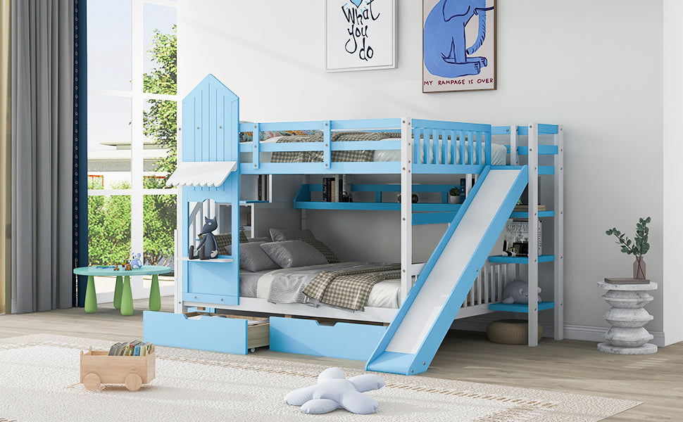Full-Over-Full Castle Style Bunk Bed with 2 Drawers 3 Shelves and Slide - Blue