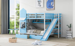 Full-Over-Full Castle Style Bunk Bed with 2 Drawers 3 Shelves and Slide - Blue