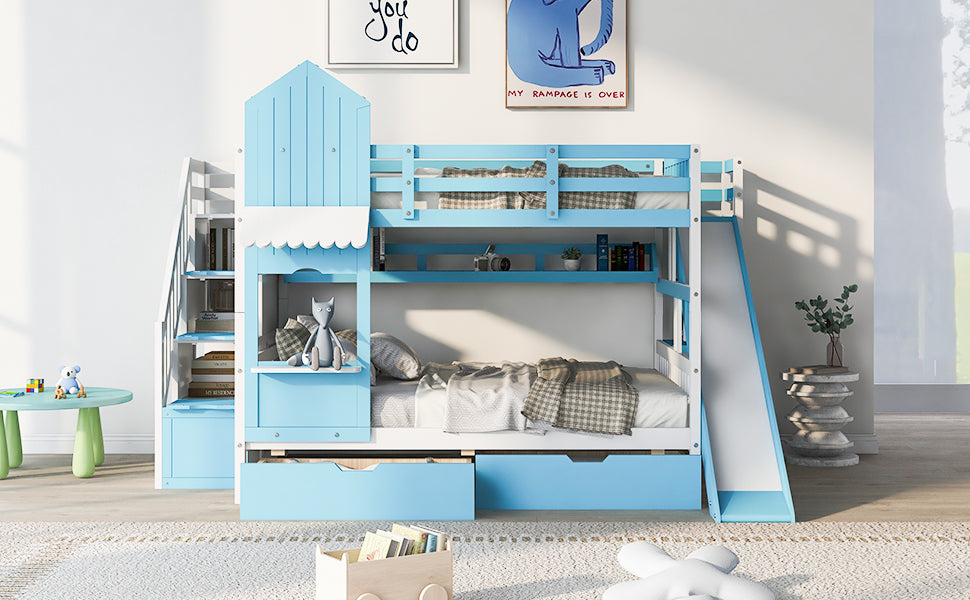 Full-Over-Full Castle Style Bunk Bed with 2 Drawers 3 Shelves and Slide - Blue