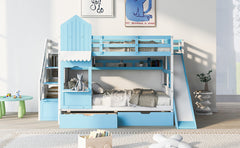 Full-Over-Full Castle Style Bunk Bed with 2 Drawers 3 Shelves and Slide - Blue