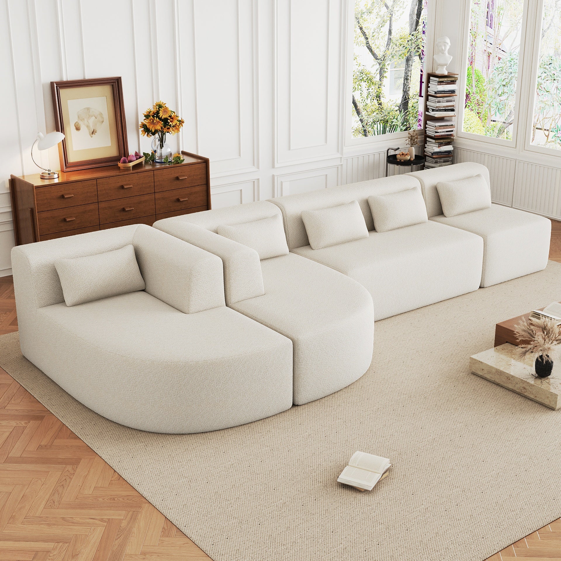 144" Upholstered Sofa Free-combined Sofa Couch with Two Chaise Lounge and Five Back Pillows for Living Room(Old SKU: N719S001600A), Beige