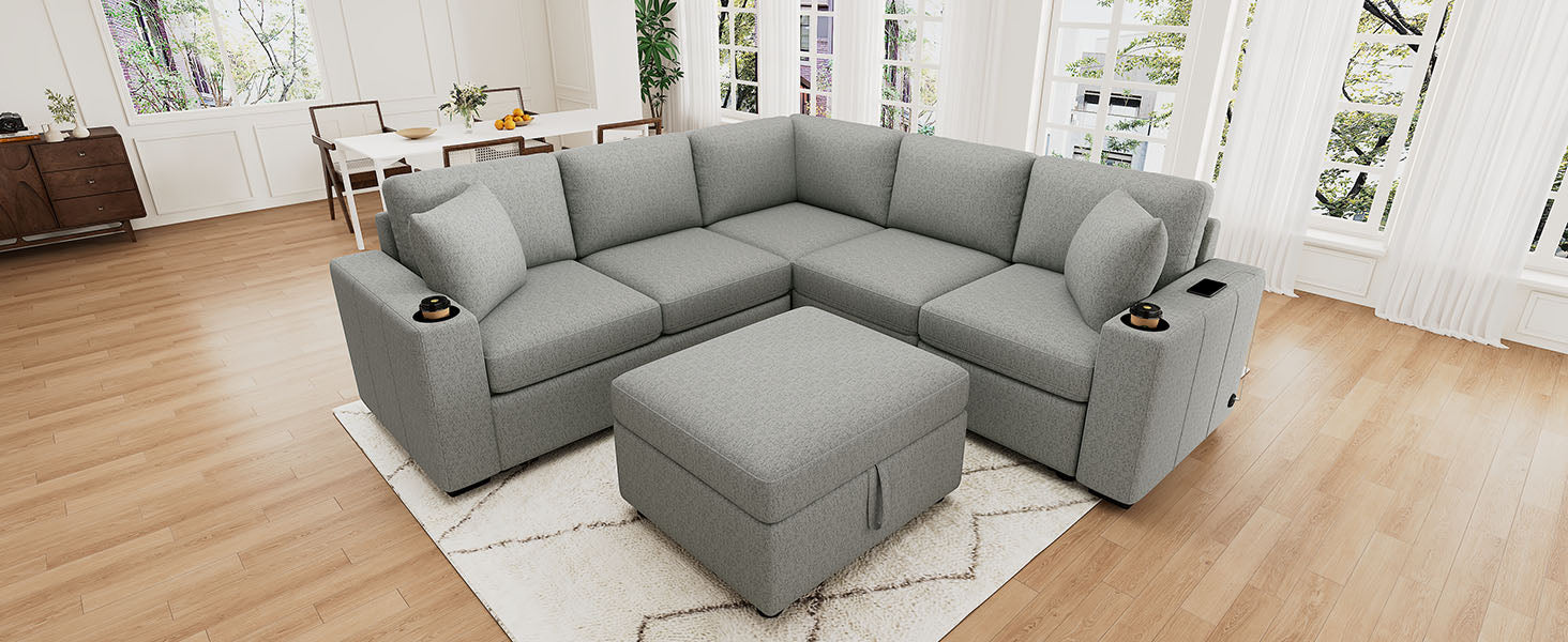 84.7" Sectional Sofa Convertible Pull-out Sofa Bed L-shaped Sofa U-shaped Sofa with a Movable Storage Ottoman for Living Room, Gray