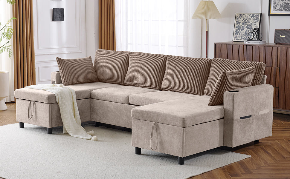 113.4" Sectional Sofa Pull-out Sofa Bed Versatile Sofa Sleeper with Large Storage Space, Two USB Ports and Two Cup Holders for Living Room, Brown