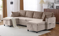 113.4" Sectional Sofa Pull-out Sofa Bed Versatile Sofa Sleeper with Large Storage Space, Two USB Ports and Two Cup Holders for Living Room, Brown