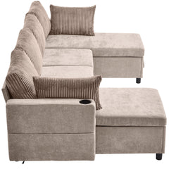 113.4" Sectional Sofa Pull-out Sofa Bed Versatile Sofa Sleeper with Large Storage Space, Two USB Ports and Two Cup Holders for Living Room, Brown
