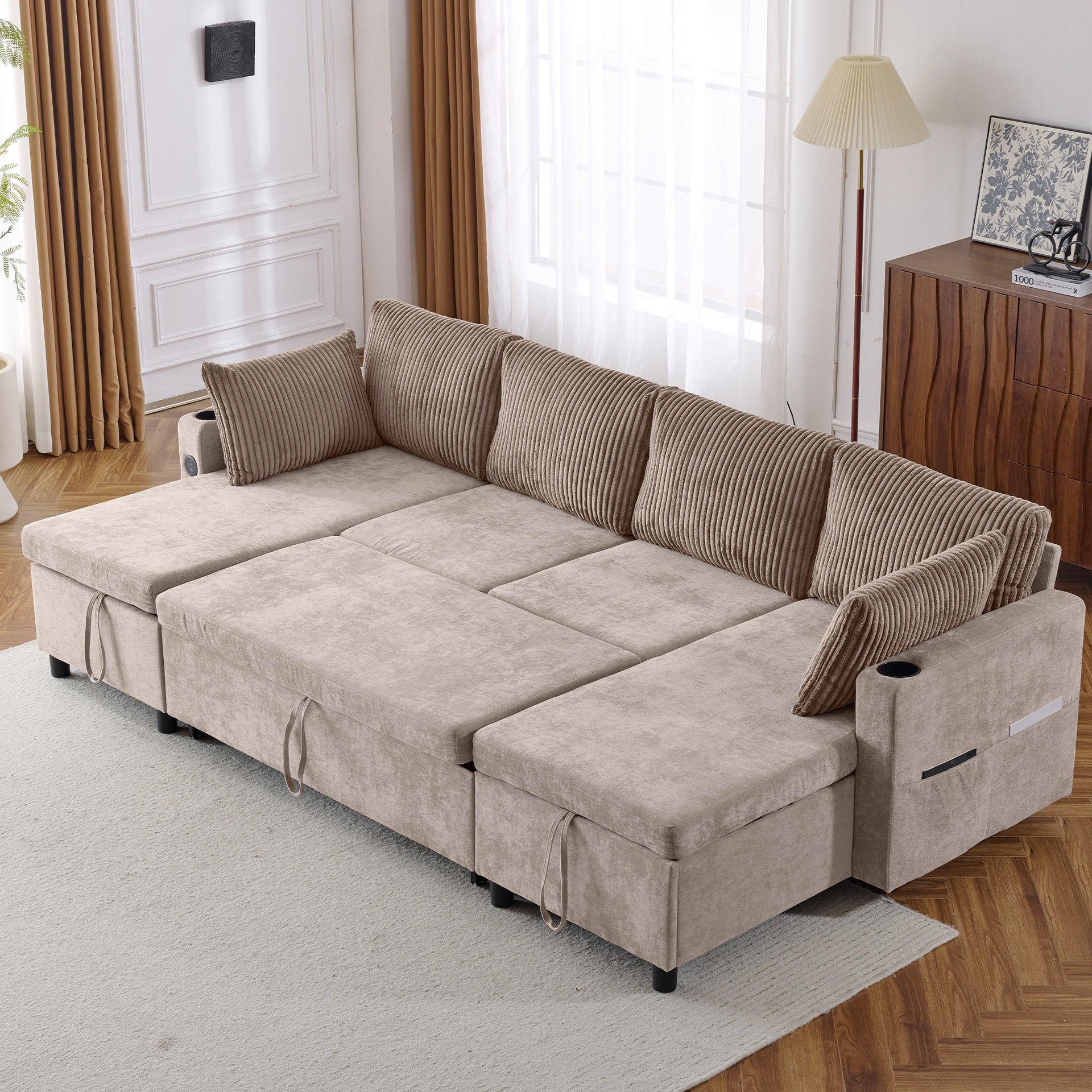 113.4" Sectional Sofa Pull-out Sofa Bed Versatile Sofa Sleeper with Large Storage Space, Two USB Ports and Two Cup Holders for Living Room, Brown