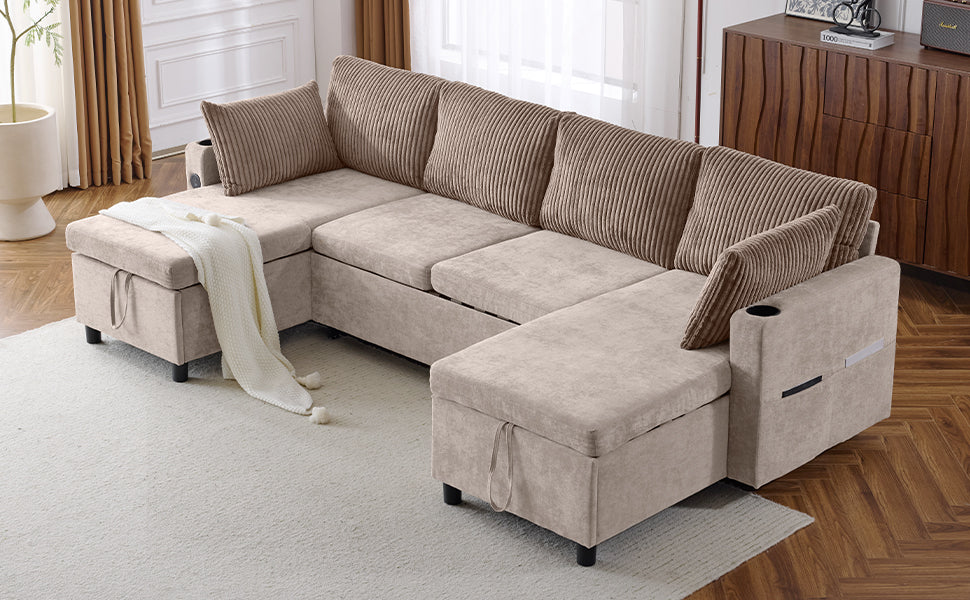 113.4" Sectional Sofa Pull-out Sofa Bed Versatile Sofa Sleeper with Large Storage Space, Two USB Ports and Two Cup Holders for Living Room, Brown