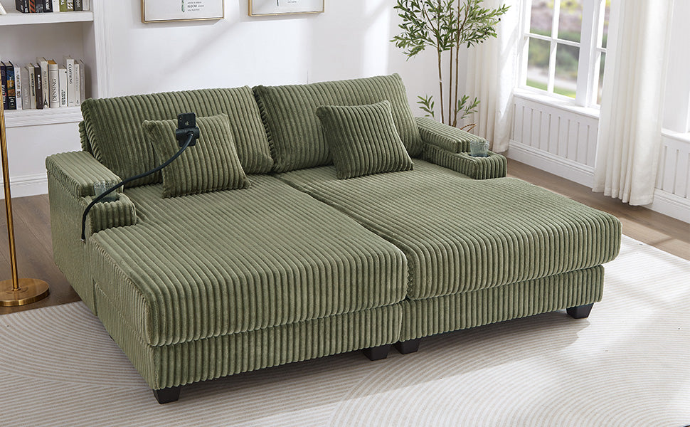 Modern Chaise Sofa 75.5" Chaise Lounge Sofa Loveseat Sofa Sleeper Sofa with Adjustable Backrest, Cup Holders , Phone Holder and Storage Compartments for Living Room, Green