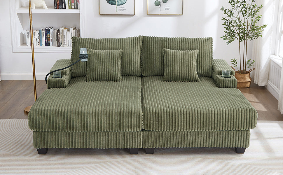 Modern Chaise Sofa 75.5" Chaise Lounge Sofa Loveseat Sofa Sleeper Sofa with Adjustable Backrest, Cup Holders , Phone Holder and Storage Compartments for Living Room, Green