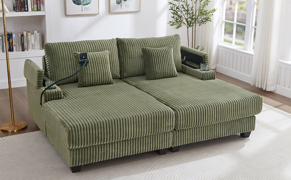 Modern Chaise Sofa 75.5" Chaise Lounge Sofa Loveseat Sofa Sleeper Sofa with Adjustable Backrest, Cup Holders , Phone Holder and Storage Compartments for Living Room, Green