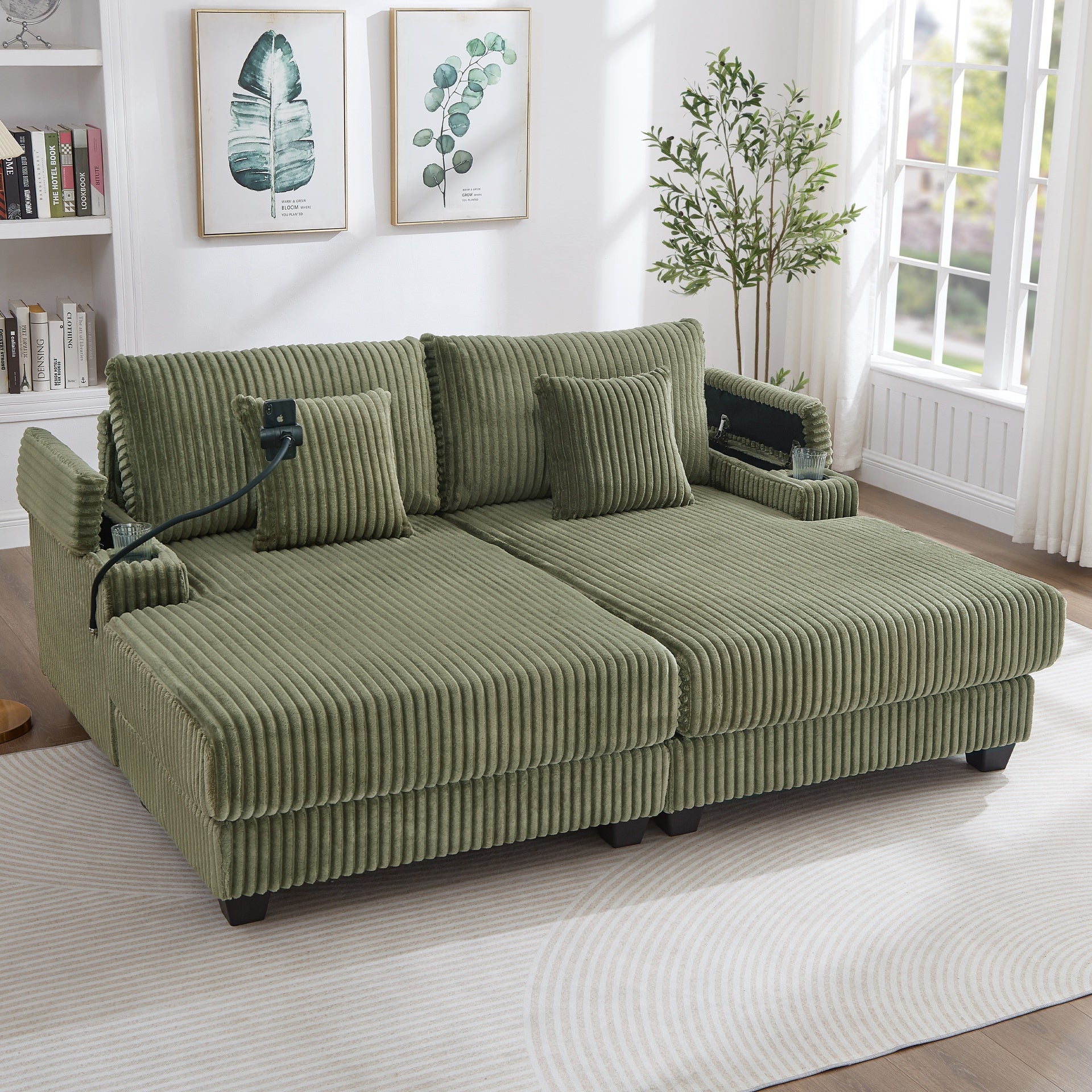 Modern Chaise Sofa 75.5" Chaise Lounge Sofa Loveseat Sofa Sleeper Sofa with Adjustable Backrest, Cup Holders , Phone Holder and Storage Compartments for Living Room, Green