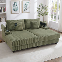 Modern Chaise Sofa 75.5" Chaise Lounge Sofa Loveseat Sofa Sleeper Sofa with Adjustable Backrest, Cup Holders , Phone Holder and Storage Compartments for Living Room, Green