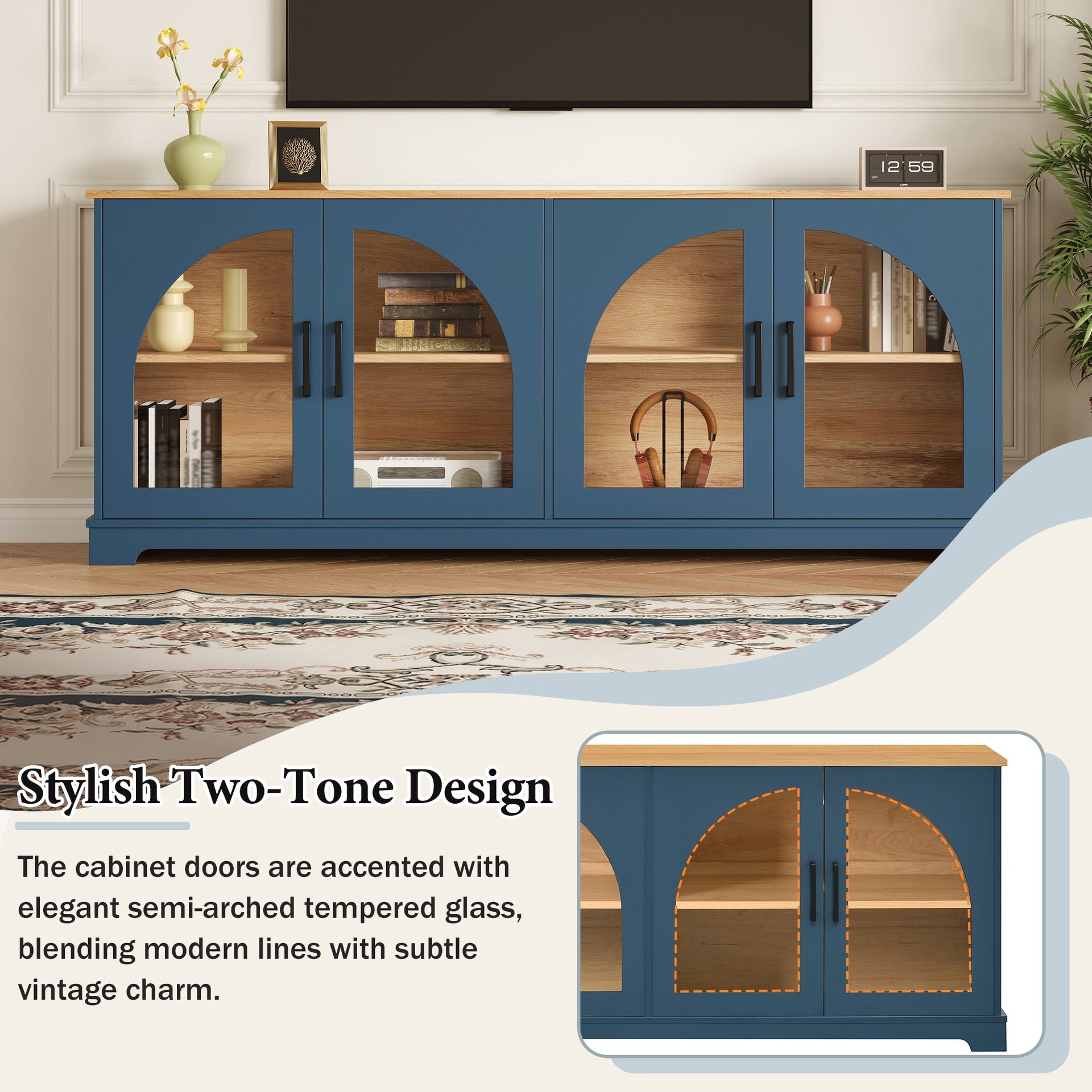 Farmhouse TV Stand with Semi-Arched Glass Doors for TVs Up to 70", Elegant Two-Tone Media Console with Adjustable Shelves, Wood Grain Sideboard with Cable Management for Living Room, Blue+Natural