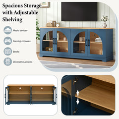 Farmhouse TV Stand with Semi-Arched Glass Doors for TVs Up to 70", Elegant Two-Tone Media Console with Adjustable Shelves, Wood Grain Sideboard with Cable Management for Living Room, Blue+Natural