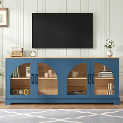 Farmhouse TV Stand with Semi-Arched Glass Doors for TVs Up to 70", Elegant Two-Tone Media Console with Adjustable Shelves, Wood Grain Sideboard with Cable Management for Living Room, Blue+Natural