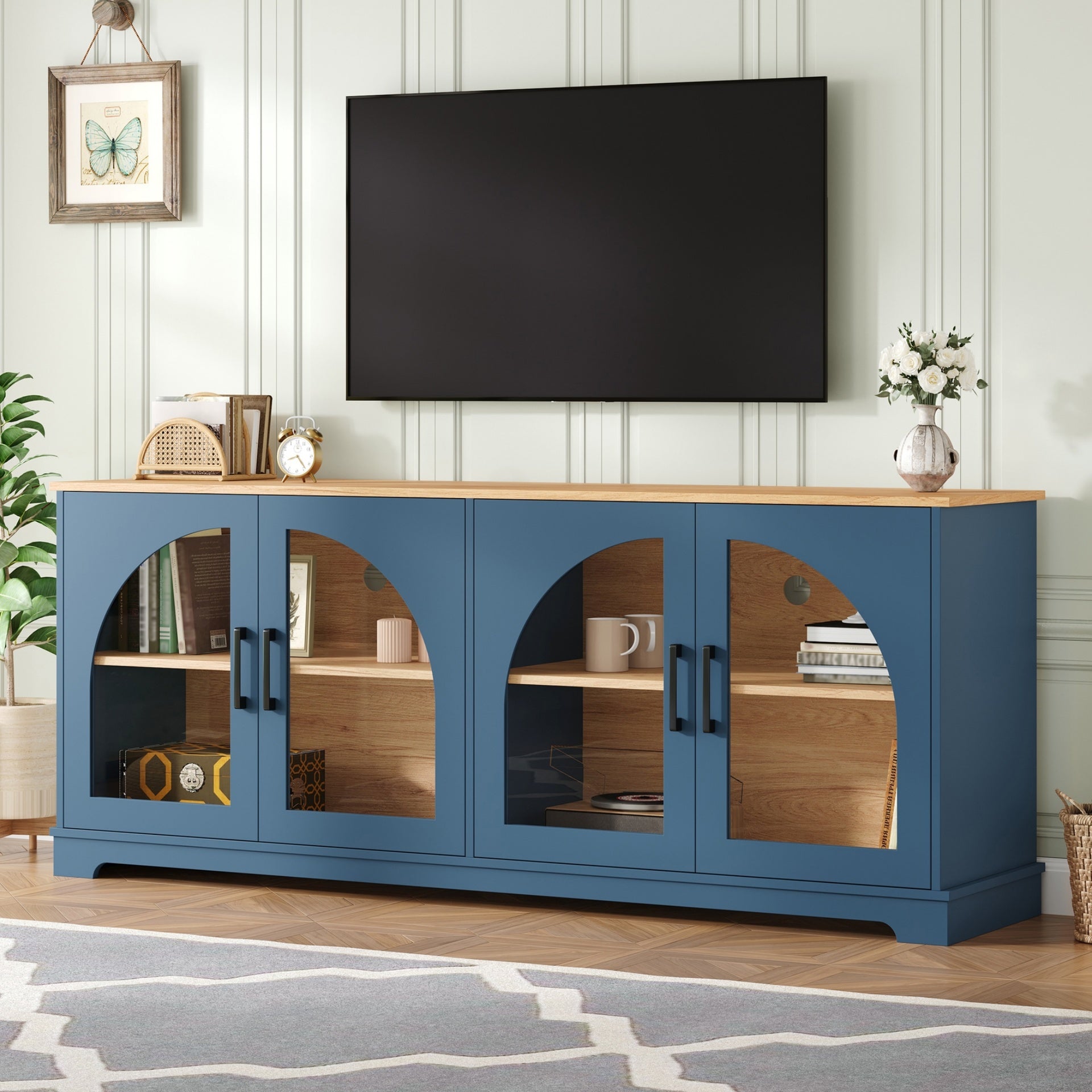Farmhouse TV Stand with Semi-Arched Glass Doors for TVs Up to 70", Elegant Two-Tone Media Console with Adjustable Shelves, Wood Grain Sideboard with Cable Management for Living Room, Blue+Natural