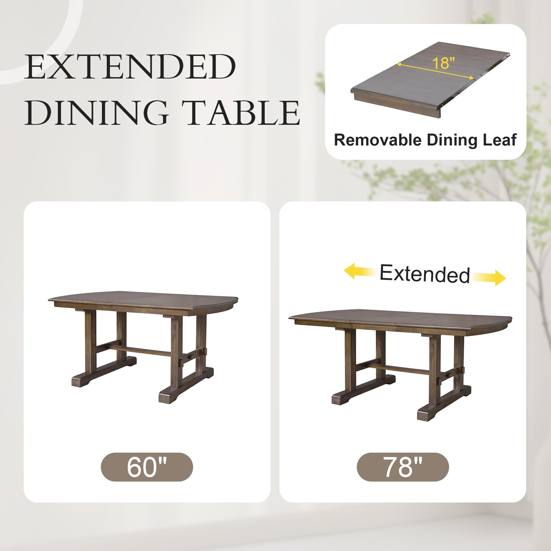 60"-78" Extendable Dining Table, Farmhouse Wooden Kitchen Table with Removable Leaf, Large Expanding Table for 4-8 (Brown)