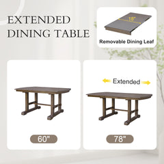 60"-78" Extendable Dining Table, Farmhouse Wooden Kitchen Table with Removable Leaf, Large Expanding Table for 4-8 (Brown)
