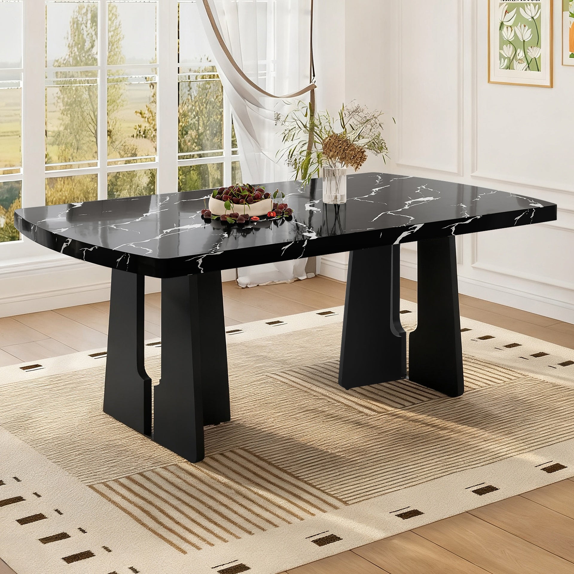 63" Modern Faux Marble Dining Table - Black/White Marble Top with Sturdy Geometric Legs, Stylish Kitchen & Dining Room Table for Home, Apartment, Office, Easy to Assemble, Black