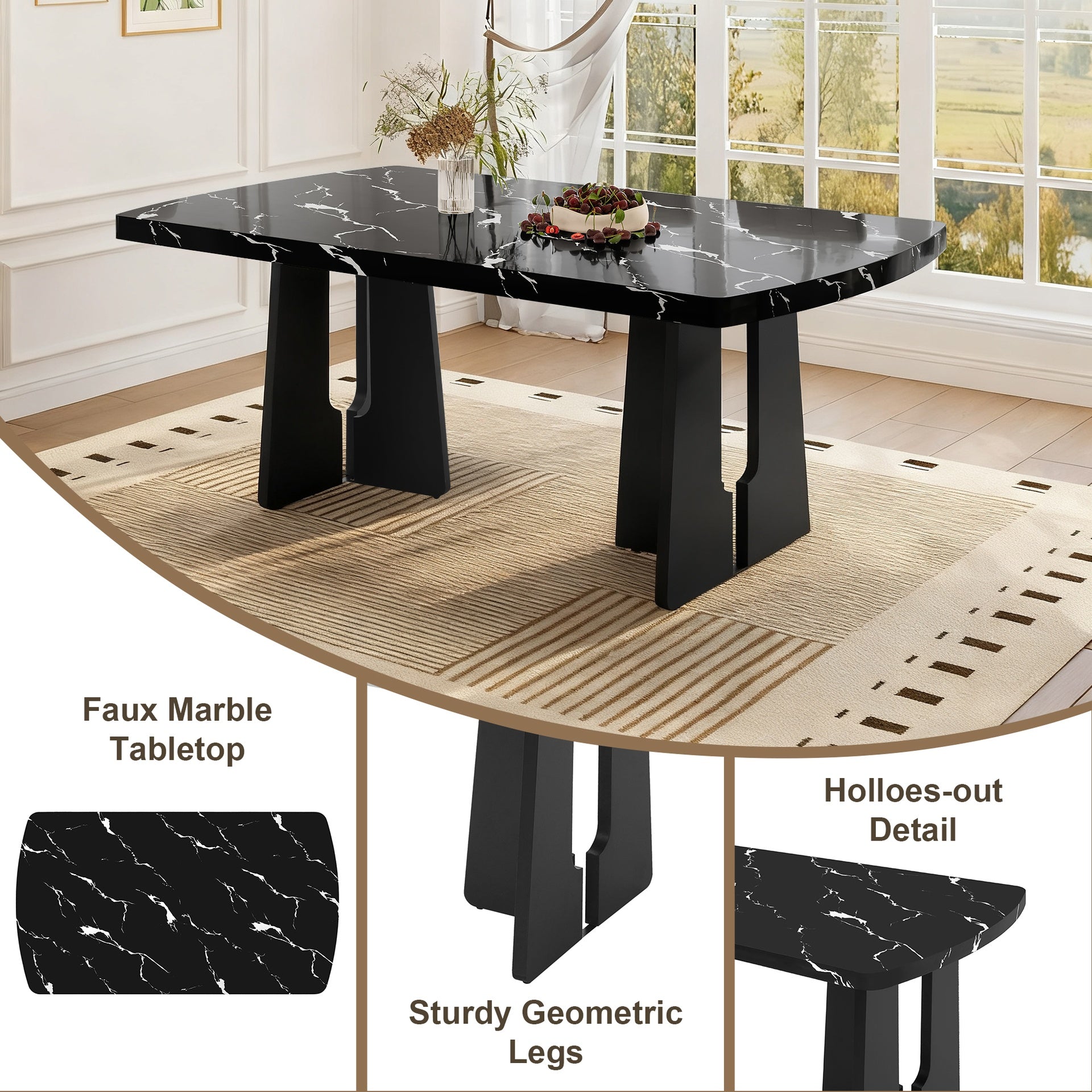 63" Modern Faux Marble Dining Table - Black/White Marble Top with Sturdy Geometric Legs, Stylish Kitchen & Dining Room Table for Home, Apartment, Office, Easy to Assemble, Black