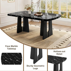 63" Modern Faux Marble Dining Table - Black/White Marble Top with Sturdy Geometric Legs, Stylish Kitchen & Dining Room Table for Home, Apartment, Office, Easy to Assemble, Black