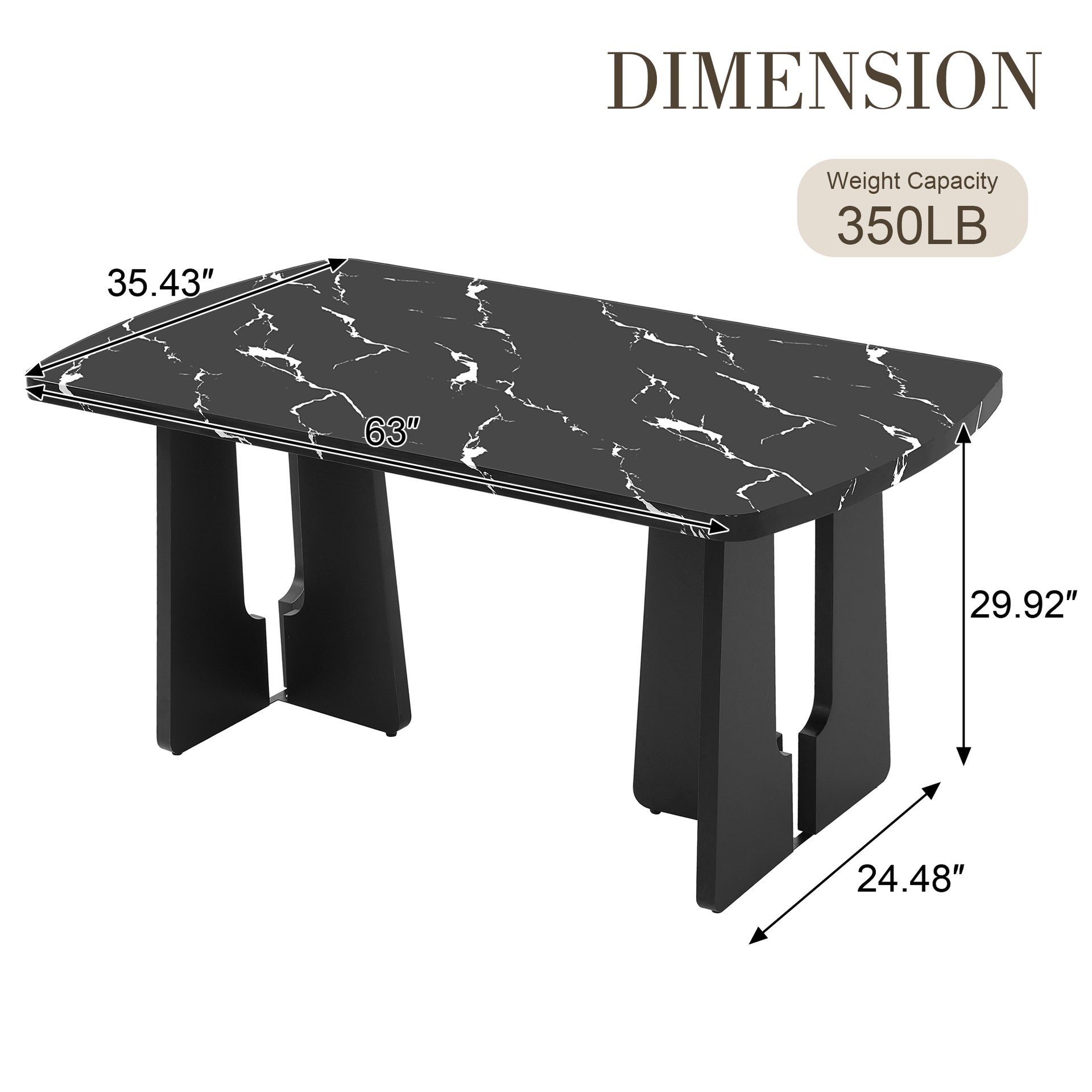 63" Modern Faux Marble Dining Table - Black/White Marble Top with Sturdy Geometric Legs, Stylish Kitchen & Dining Room Table for Home, Apartment, Office, Easy to Assemble, Black