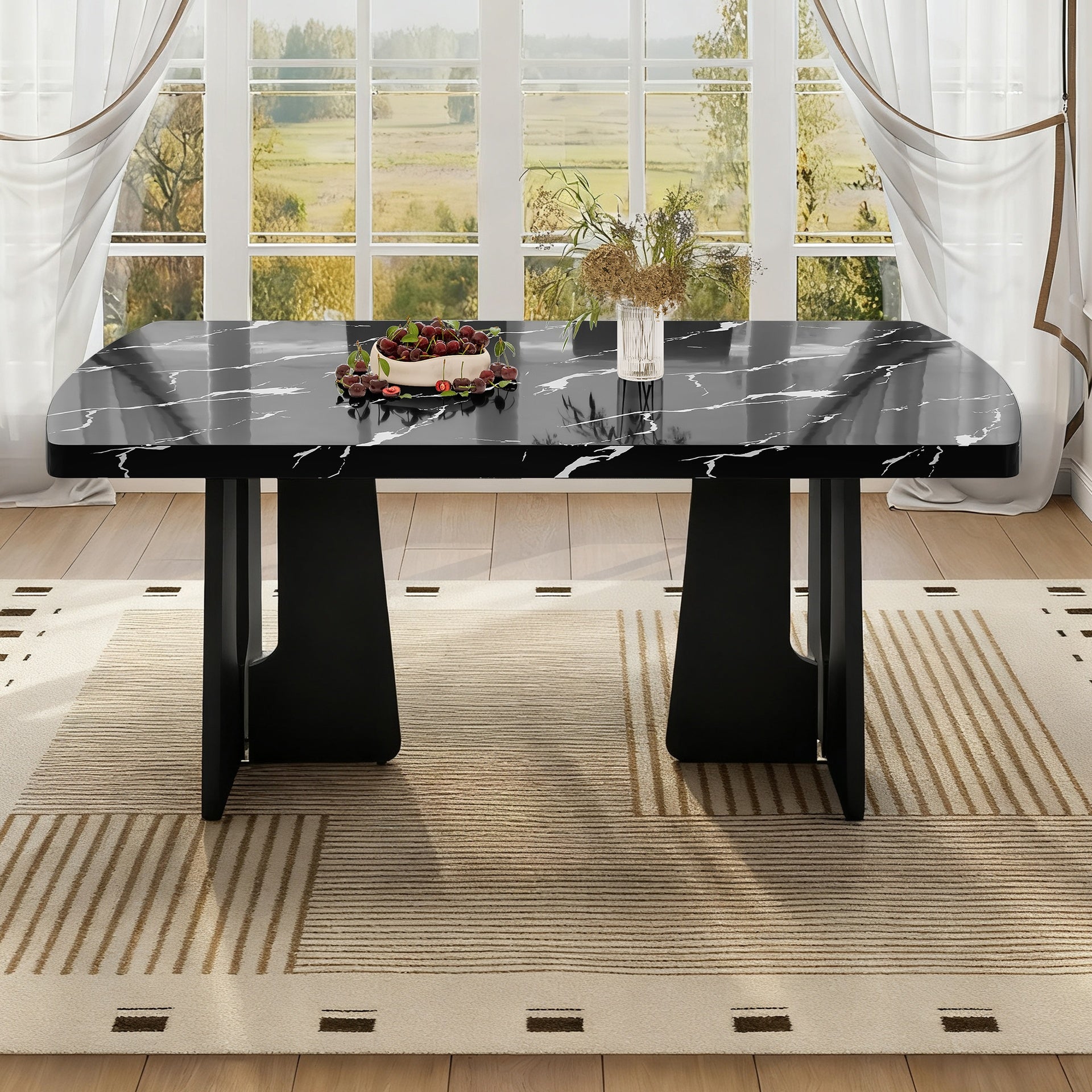 63" Modern Faux Marble Dining Table - Black/White Marble Top with Sturdy Geometric Legs, Stylish Kitchen & Dining Room Table for Home, Apartment, Office, Easy to Assemble, Black