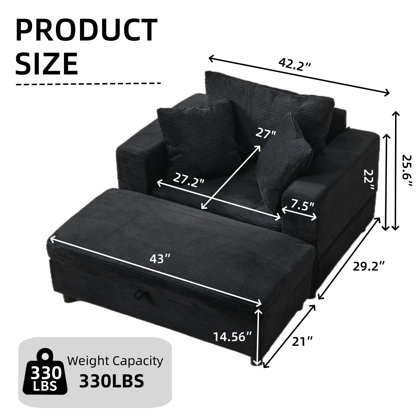 Chaise Lounge Chair with Removable Ottoman Accent Sofa Bed Upholstered Sleeper Couch Bed with Pillows, Modern Deep Seat Upholstered Armchair for Living Room, Bedroom