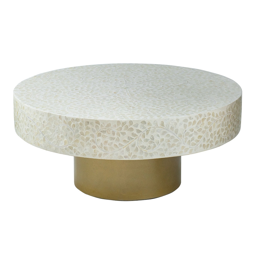 35x35x16" Unique Cream Capiz Coffee Table with Gold Pedestal Base