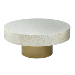 35x35x16" Unique Cream Capiz Coffee Table with Gold Pedestal Base