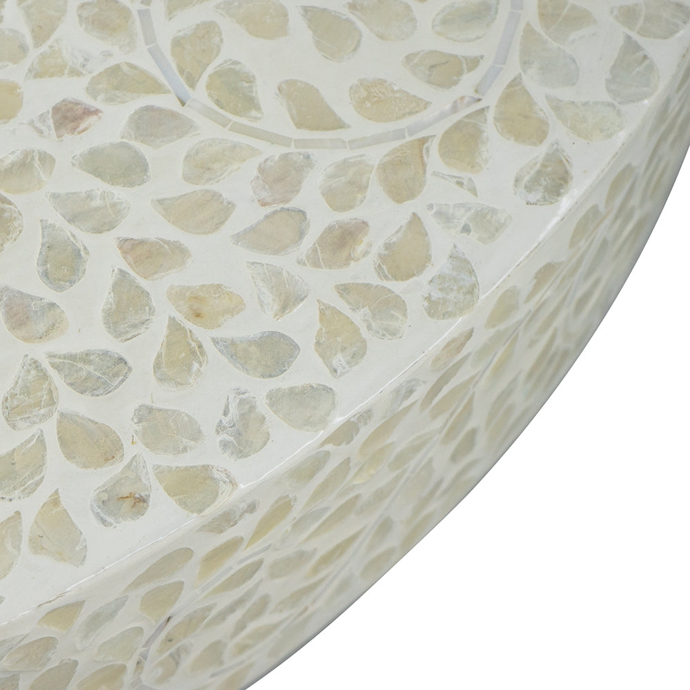 35x35x16" Unique Cream Capiz Coffee Table with Gold Pedestal Base