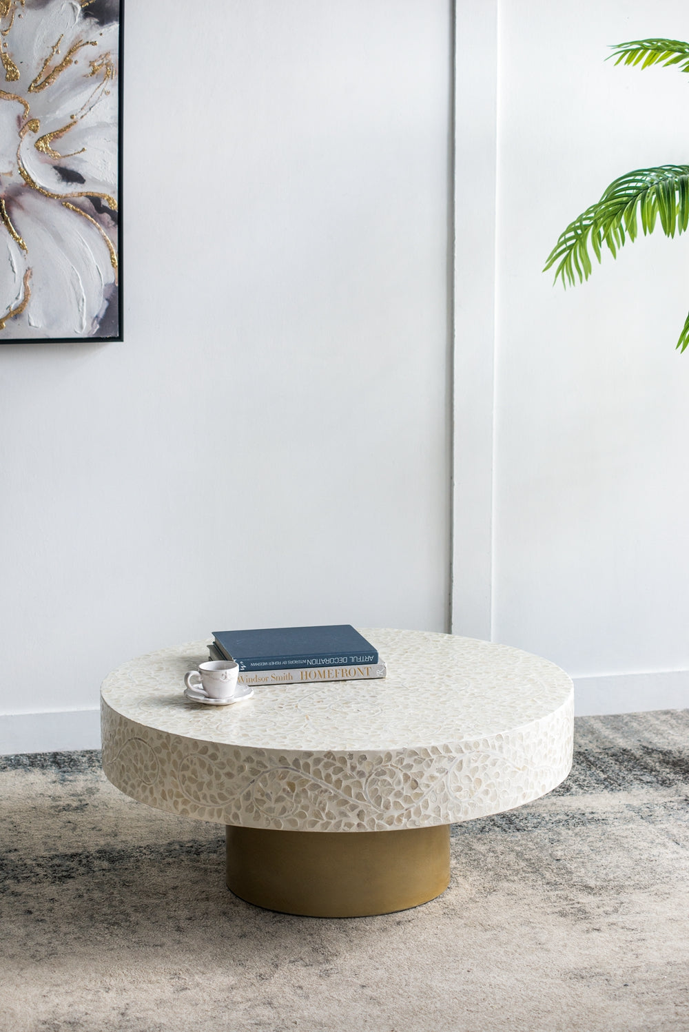 35x35x16" Unique Cream Capiz Coffee Table with Gold Pedestal Base