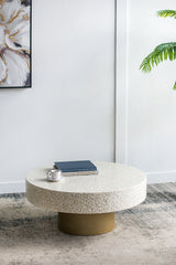 35x35x16" Unique Cream Capiz Coffee Table with Gold Pedestal Base
